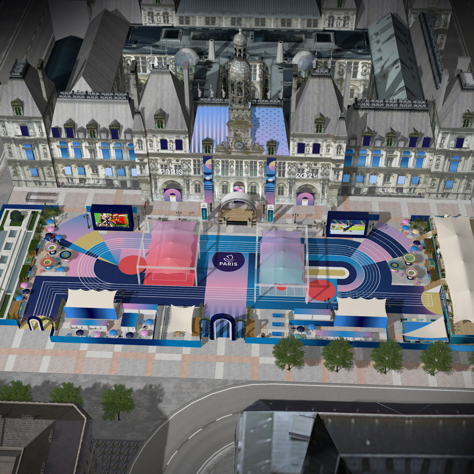 Aerial artists impression of a grand old grey building with a colourful sports field in front.