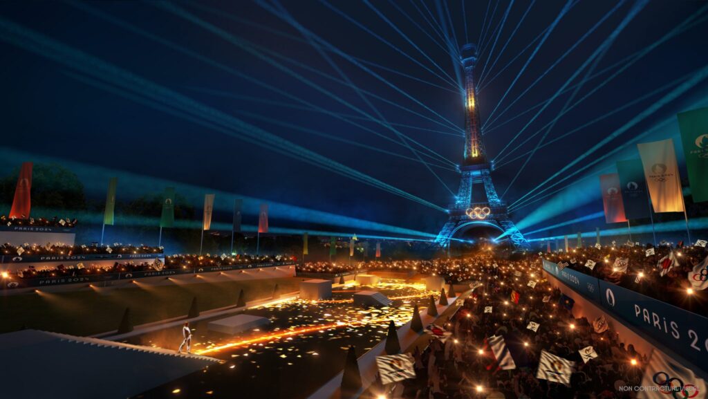 Artist's impression of the Paris 2024 opening ceremony with the Eiffel Tower at night