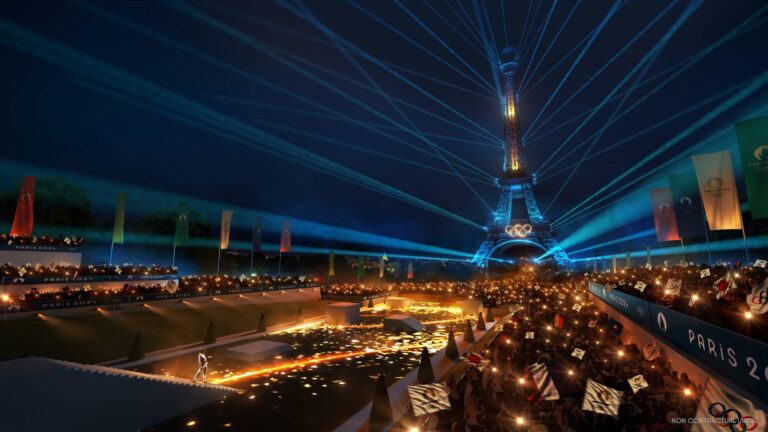 Artist's impression of the Paris 2024 opening ceremony with the Eiffel Tower at night