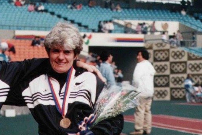 Paralympian Trish Hill with medal at Seoul 1988 Paralympic Games
