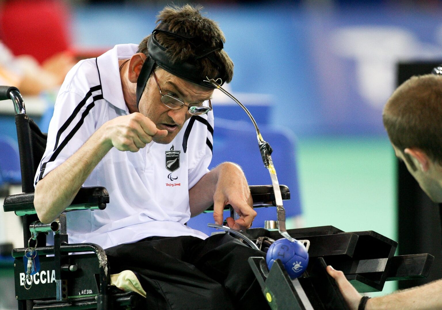 Greig Jackson concentrating to push his ball off the Boccia ramp at Beijing 2008