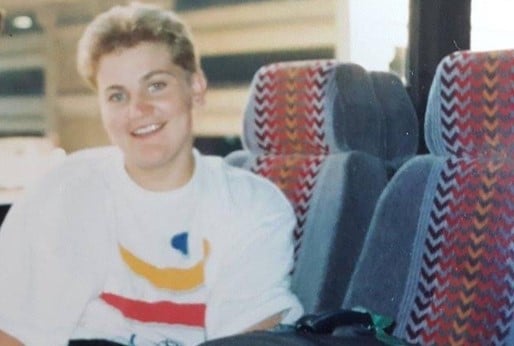 Belinda Keogan in the bus wearing a Barcelona 1992 t shirt