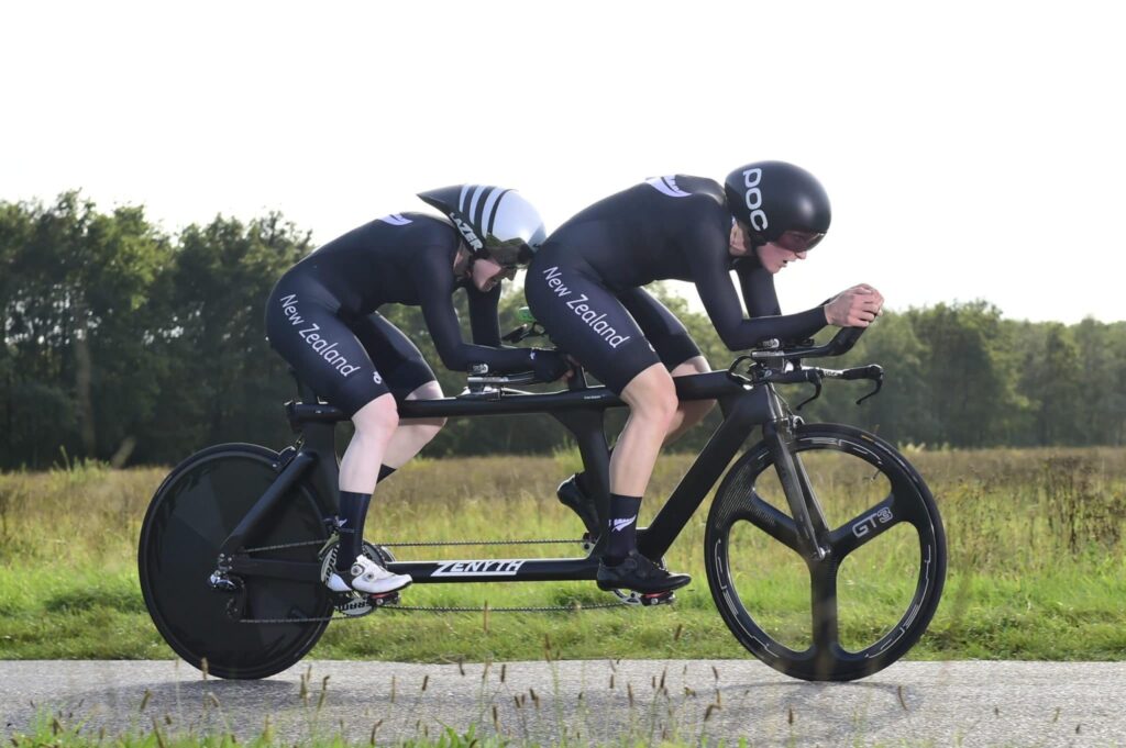 mma Foy and Hannah van Kampen on their tandem bike in the country