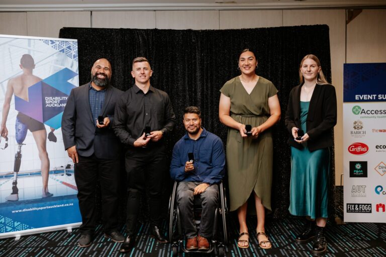 5 Paralympians with their pins. Ben Tuimaseve, Corbin Hart, Tainafi Lefono, Lisa Adams and Anna Steven (left to right)