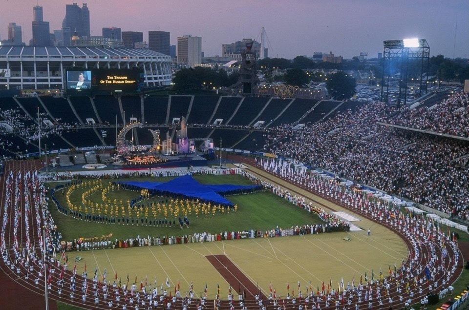 Atlanta Olympic stadium from the top with Opening ceremony activities on the field