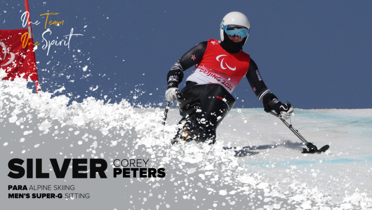 "Silver. Corey Peters. Para alpine skiing. Super-G. Sitting"