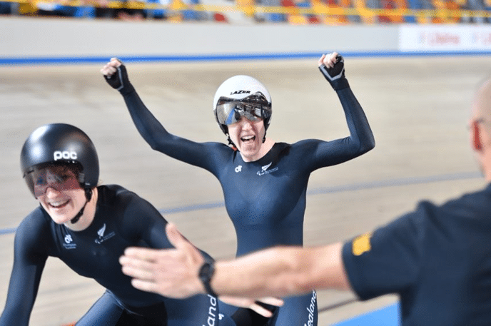 Emma Foy, New Zealand Paralympian celebrating on Tandem