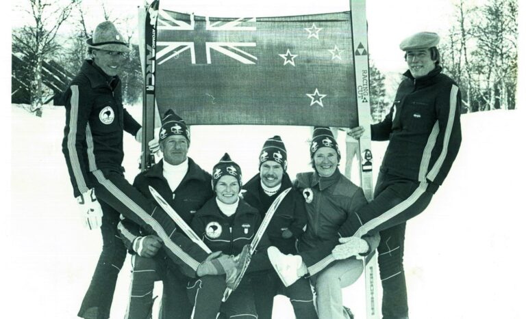 rom left to right: David Boyd, Ed Nicholls, Lorraine Philip, Craig Philip, Shirley Nicholls, Peter Baddeley. 1980 Paralympic Winter Games in Geilo, Norway.