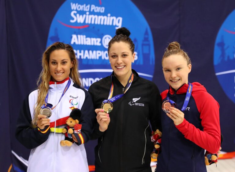 Sarai Gascon of Spain (silver) Sophie Pascoe of New Zealand and Toni Shaw of Great Britain (bronze) after the Women's 100m Freestyle S9 Final on Day One of the London 2019 World Para-swimming