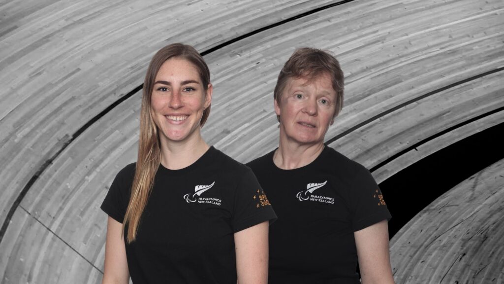 portraits of Nicole Murray and Eltje Malzbender against a backdrop of a cycling track