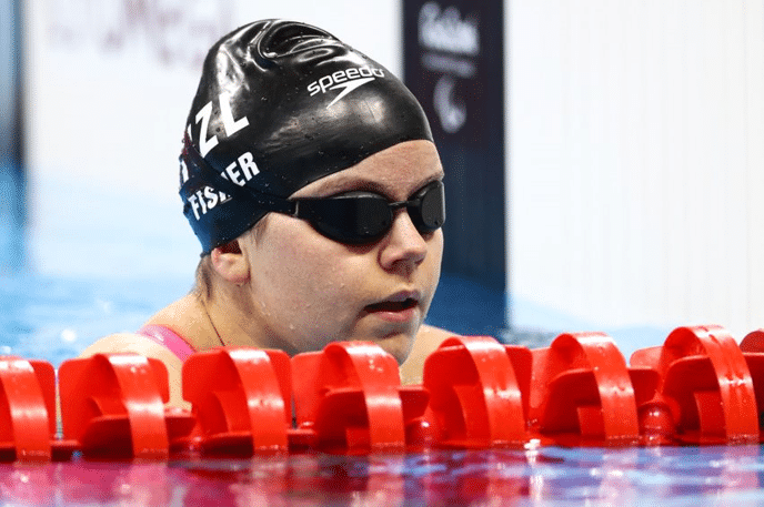 Mary Fisher, New Zealand Paralympian in swimming pool