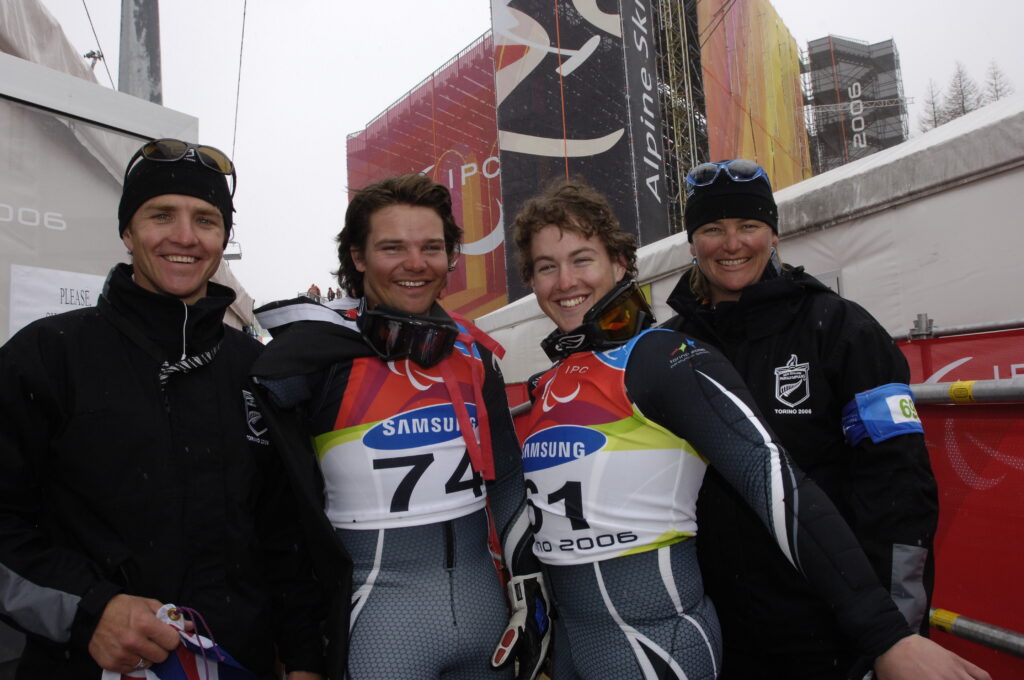 Members of the NZ Paralympic Team in Torino 2006 Chef de Mission Gerald Davies Anthony Field Adam Hall Coach Jane Stevens