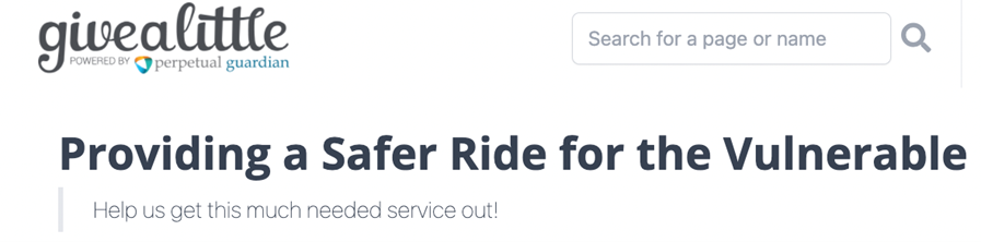 Givealittle page screenshot. "Providing a safer ride for the vulnerable". 