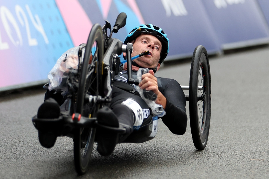 Rory Mead pedals a handcycle at the Paris 2024 Paralympic Games.