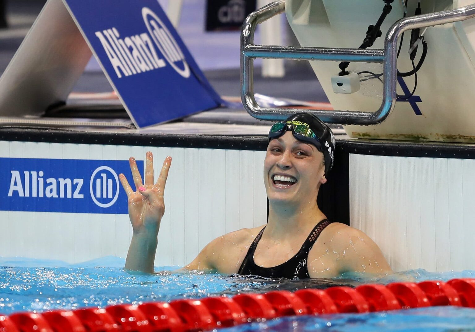Sophie Pascoe of New Zealand celebrates winning the Women's 50M Freestyle S9 final during Day Seven of the London 2019 World Para-swimming Allianz Championships