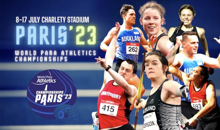 Paris 2023 title with montage photo of the 7 selected athletes in action
