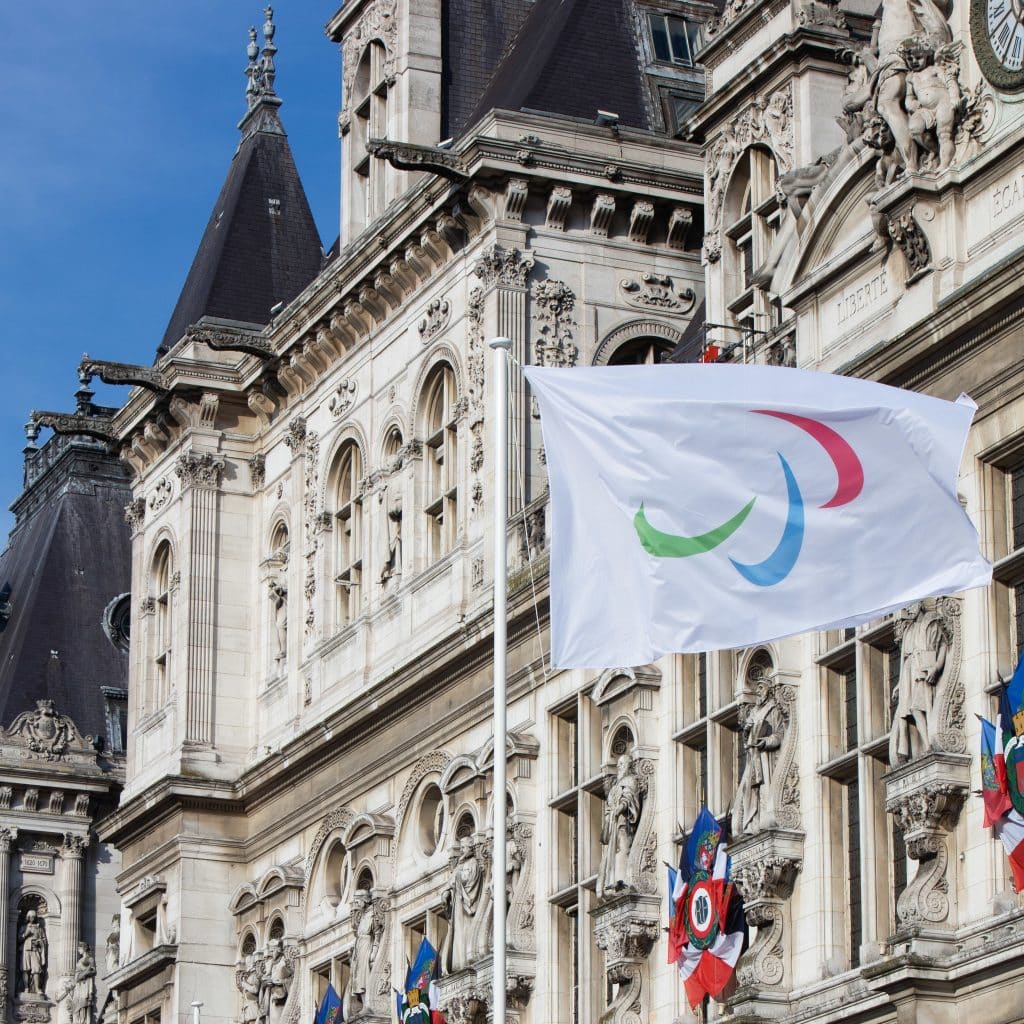 Arrival of the Paralympic flag at the Hotel De Ville, in Paris at the end of the Tokyo 2020 Paralympic Games.