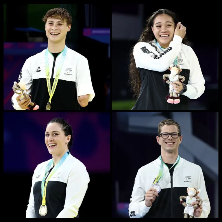 4 pictures of athletes smiling on the podium with medals