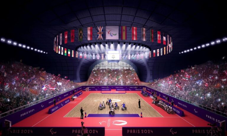 An indoor stadium with wheelchair rugby
