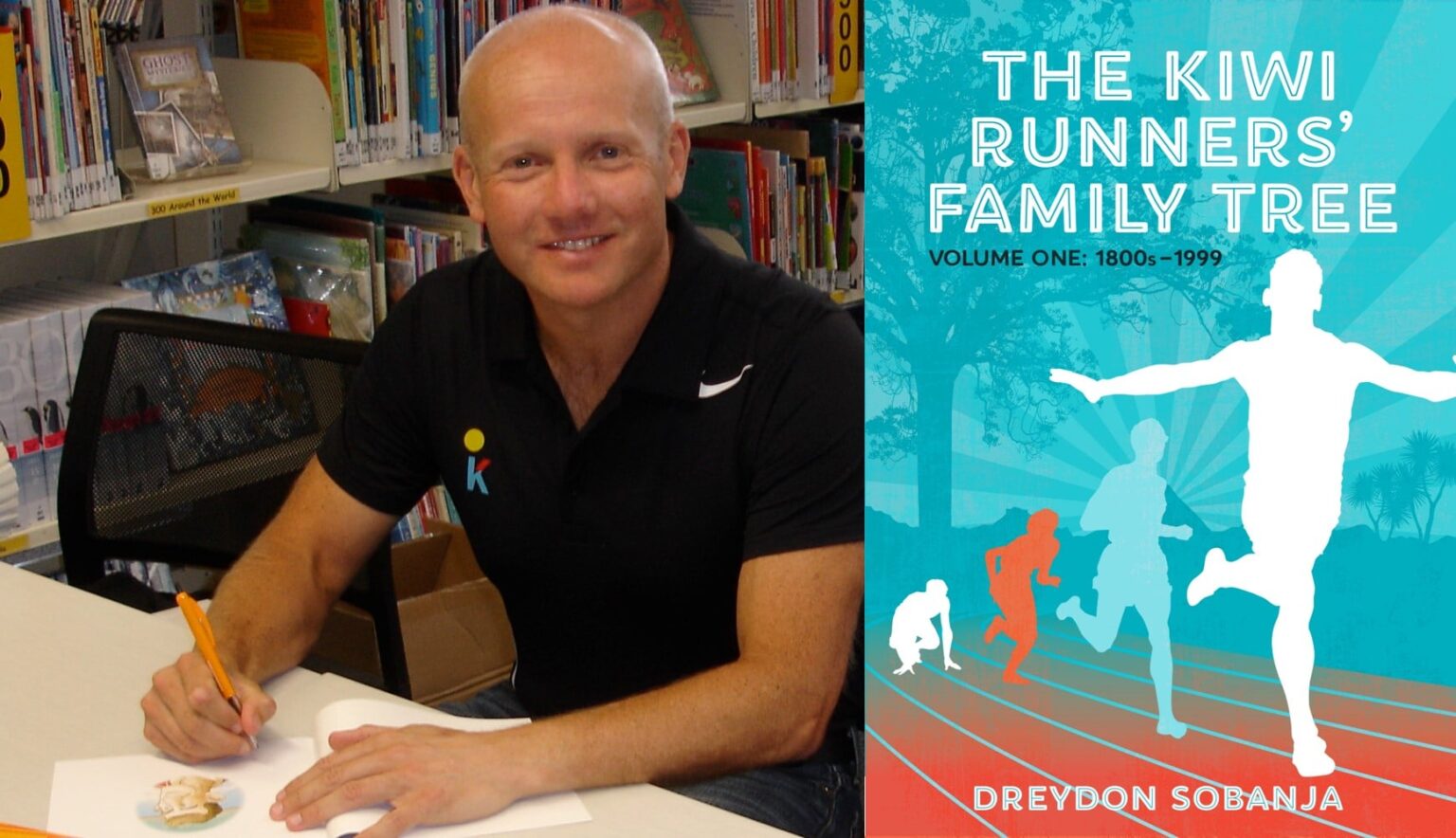 Author Dreydon and cover of the Kiwi Runners' Family Tree