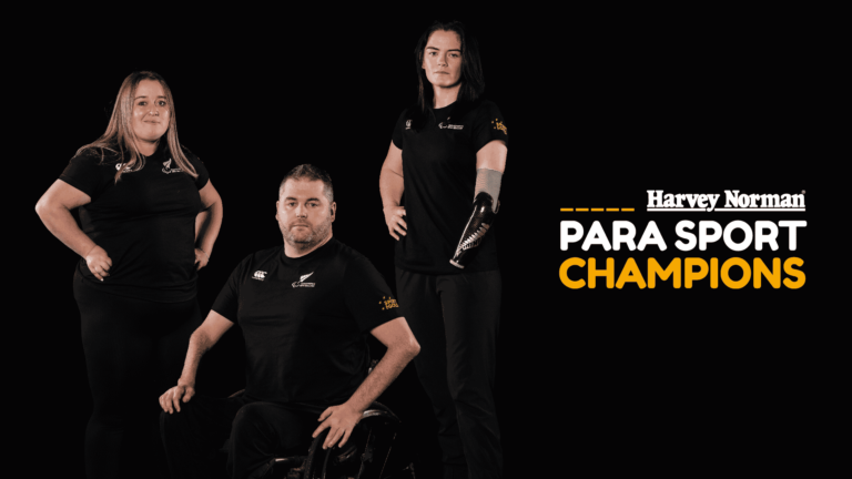 Harvey Norman Para Sport Champions title on image of Caitlin Dore, Mike Todd and Holly Robinson