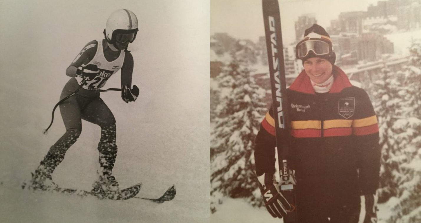 two photos of Paralympian Viv Gapes - Left skiing on the slopes, right standing in her ski uniform holding her skis
