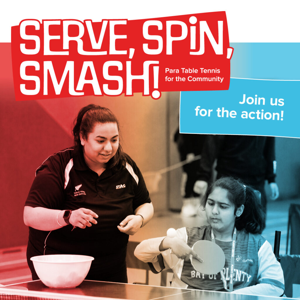 Colourful graphic entitled Serve Spin Smash! Join us for the action. The photo shows a woman who could be a coach beside a girl in a wheelchair using a table tennis paddle