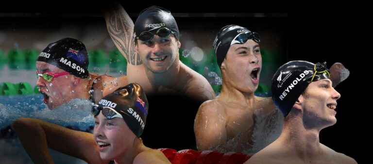 Montage of 5 swimmers in the water with swim caps on