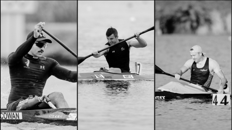Black and white photo of three canoe racers
