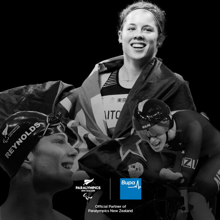 A black and white collage of three New Zealand Paralympians: swimmer Jesse Reynolds, track and field athlete Danielle Aitchison, and cyclist Nicole Murray. Logos for the NZ Paralympic Team, Bupa, and Paralympics New Zealand are at the bottom.