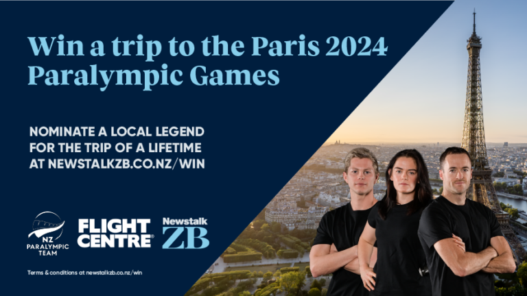 Advertisement for a chance to win a trip to the Paris 2024 Paralympic Games by nominating a local legend at newstalkzb.co.nz/win. The image features three athletes in black shirts with the Eiffel Tower in the background. Logos of NZ Paralympic Team, Flight Centre, and Newstalk ZB are also displayed.