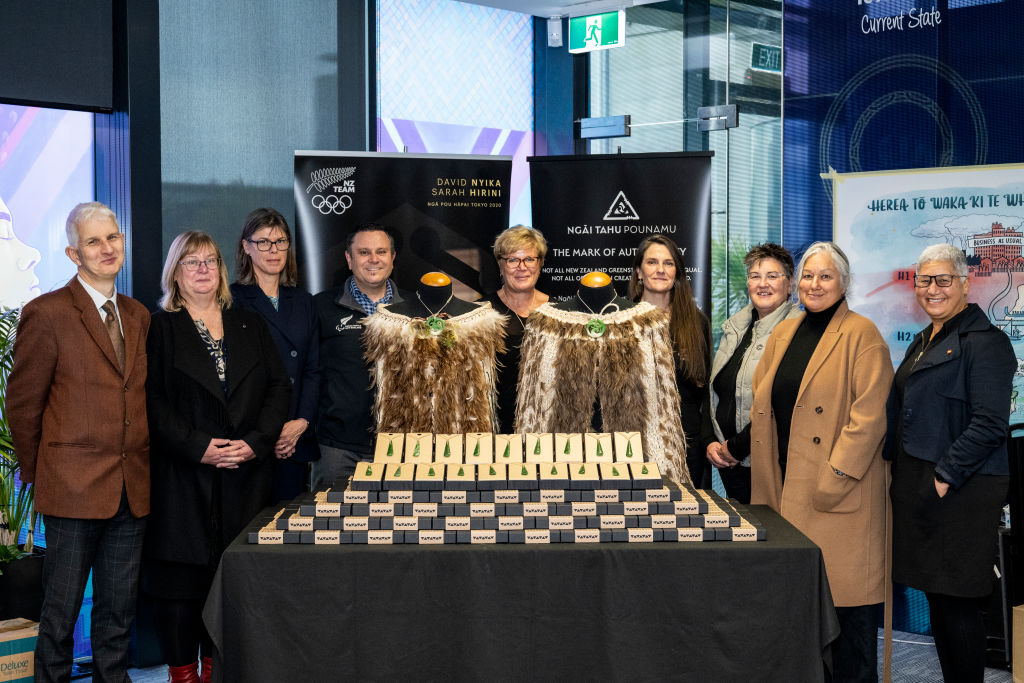 Paralympics New Zealand members (L-R) Aaron Mills, Sian Ruth, Maria Clarke, Greg Warnecke, Raylene Bates, Lynette Grace, Catriona McBean, Jana Rangooni and Pam Elgar pose for a photo during a Paris 2024 Olympic Games New Zealand Athlete Pounamu Handover on June 13, 2024 in Christchurch, New Zealand.