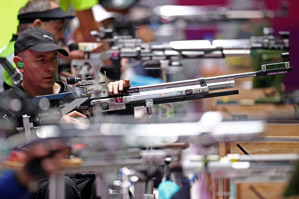 Michael Johnson of Team New Zealand competes in the R4 - Mixed 10m AR or Air Rifle Standing SH2 Final on day 6 of the Tokyo 2020 Paralympic Games. Credit GETTY