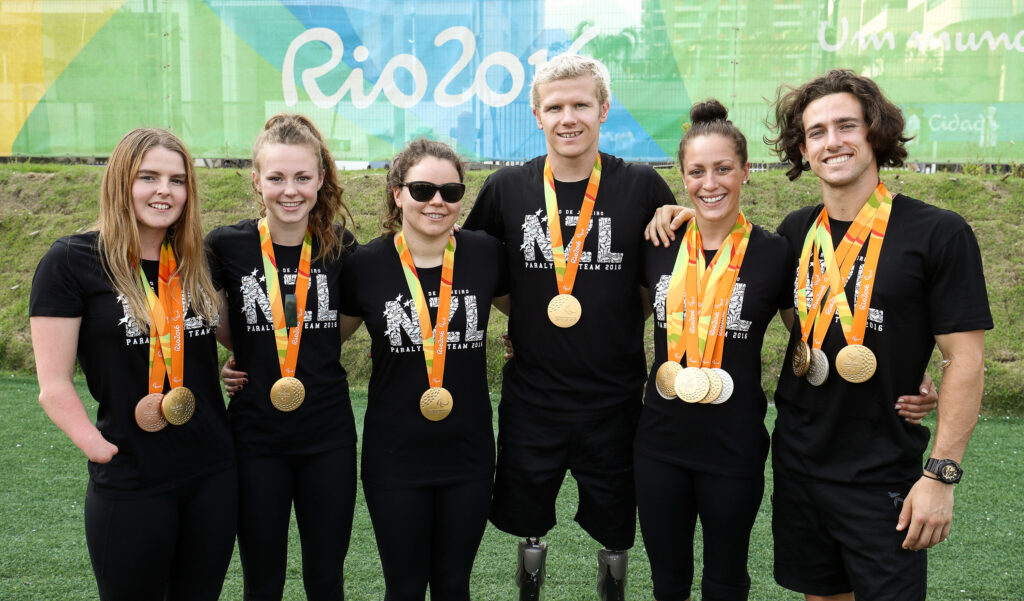 Some of the Rio 2016 NZ Paralympic Team Medal winners. Left to right: Nikita Howarth, Anna Grimaldi, Mary Fisher, Cameron Leslie, Sophie Pascoe and Liam Malone.