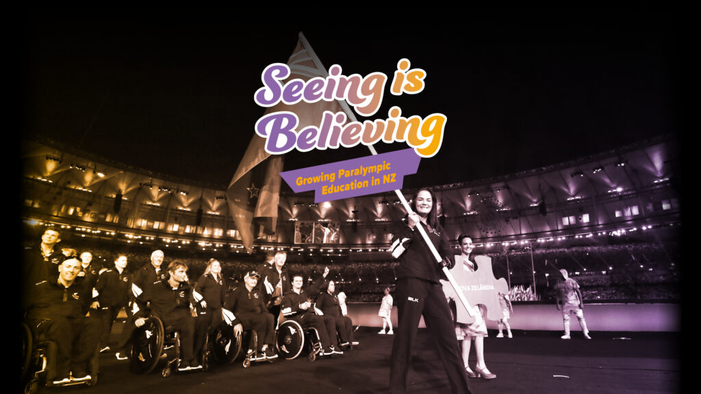 Holly Robinson waves the NZ flag at the Tokyo 2020 Paralympic Games. The Seeing is Believing education programme logo sits above reading "Seeing is Believing: Growing Paralympic Education in NZ"