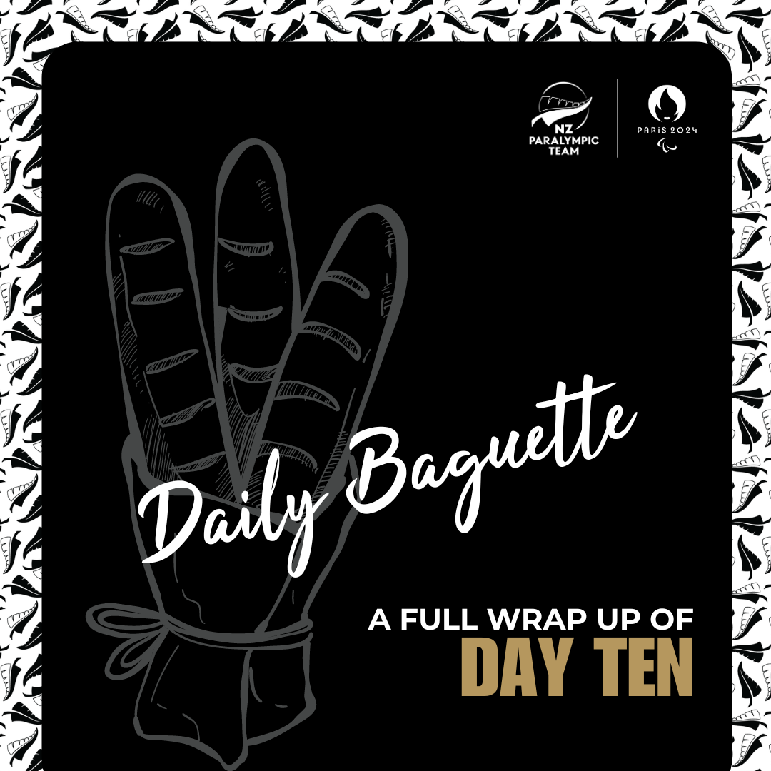 Black square with white outline of three baguettes in a basket. the words A full wrap of Day ten in bottom right corner