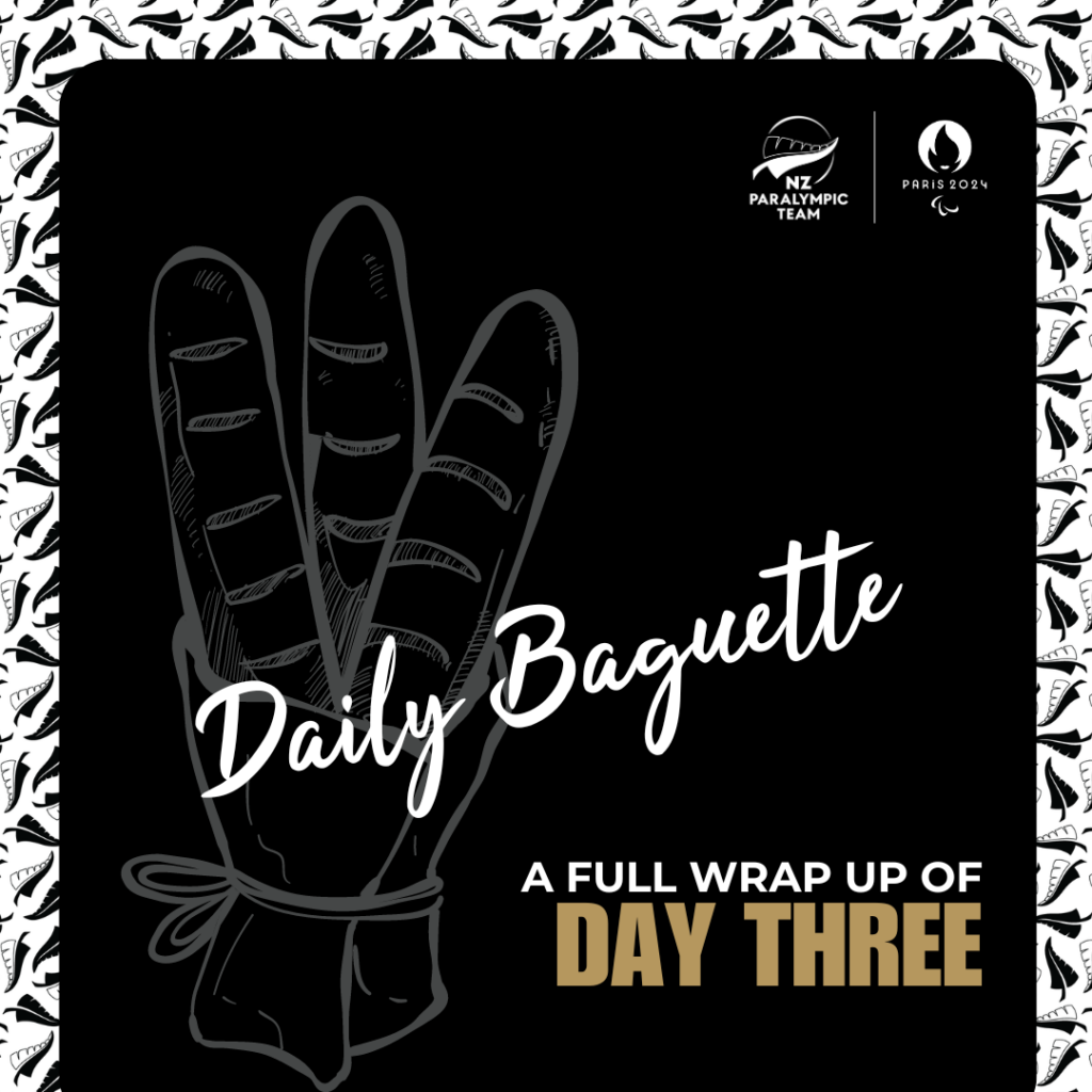 Black background with white outline drawing of 3 baguettes in a basket. Daily Baguette, written in white and full day wrap day three written underneath