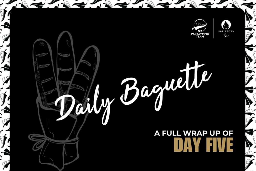 Black square with white sketch outline of three baguettes in a basket with the words A full wrap of day 5 on the right bottom corner