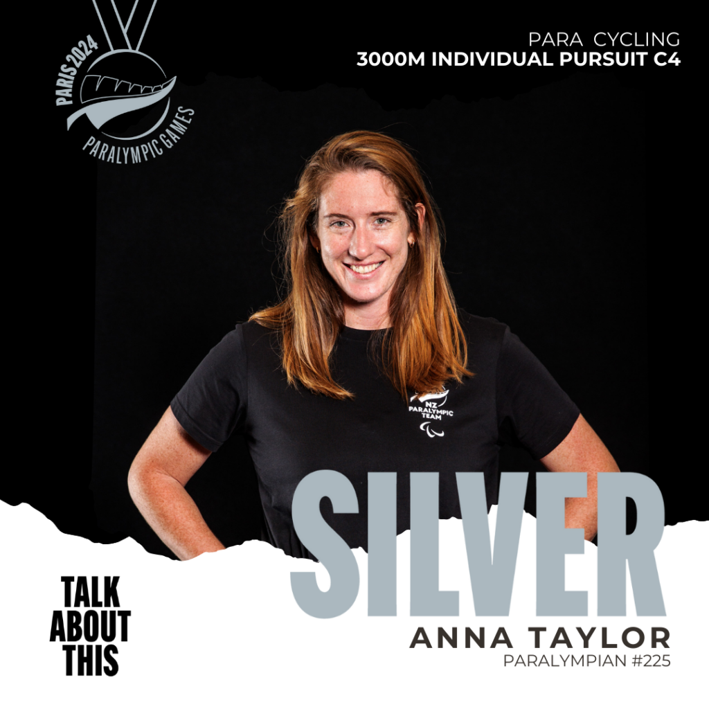 Picutre of Paralympian Anna Taylor smiling with hands on hips, text in graphic explains Anna has won a silver medal in Para cycling