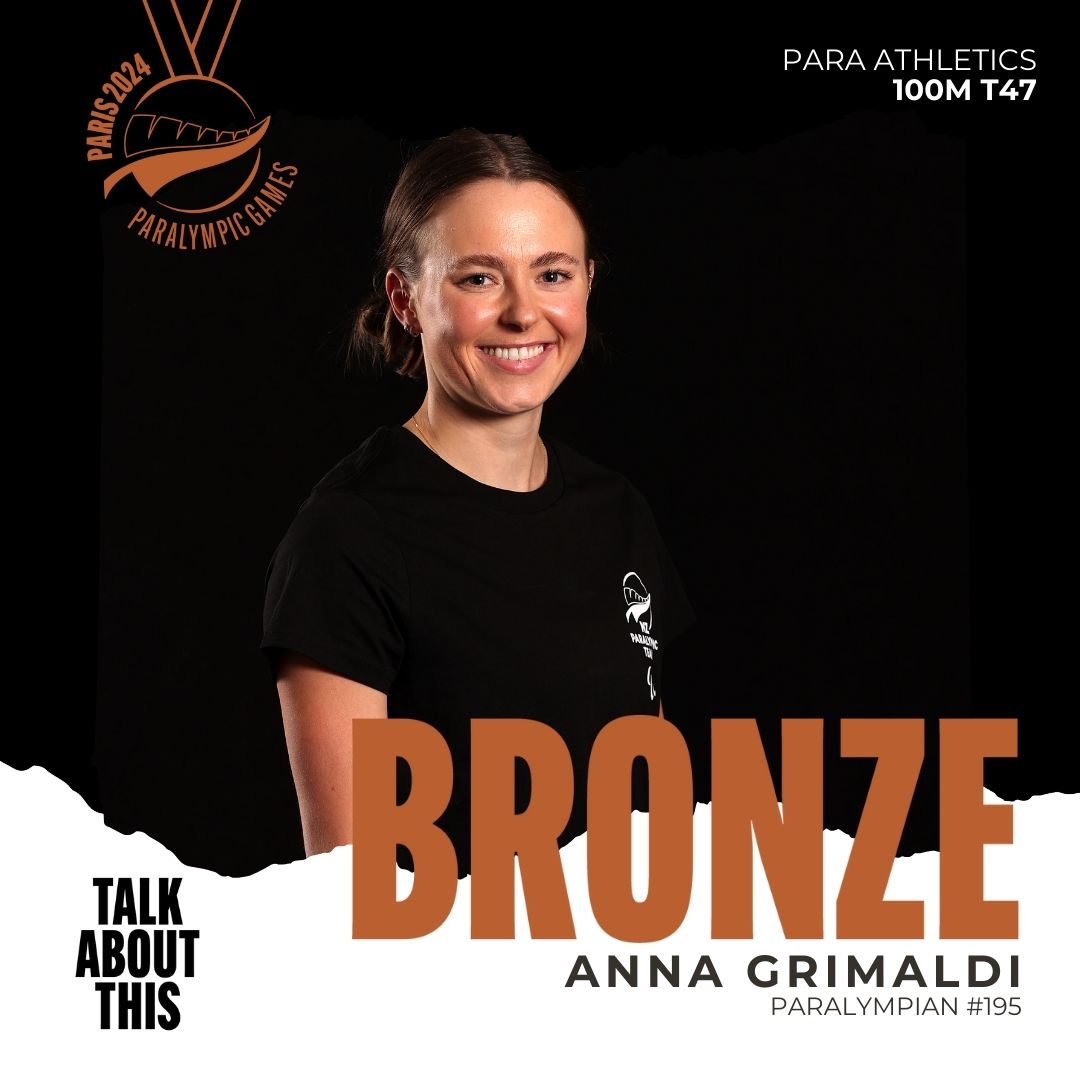 Portrait photo of Anna Grimaldi on a black background. Banner beath reads "BRONZE for Anna Grimaldi."