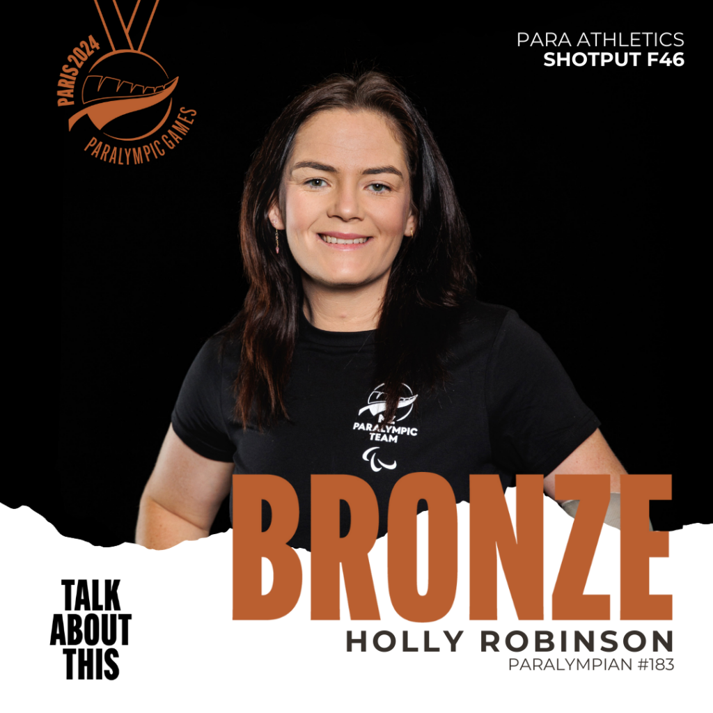 Portrait of Holly Robinson with a black background. Banner underneath reads "BRONZE medal for Holly Robinson in Shotput F46 at Paris 2024