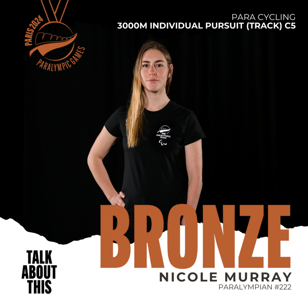 Nicole Murray against a black background with the word Bronze, celebrating her bronze medal win in the Women's C5 3000m Individual Pursuit.