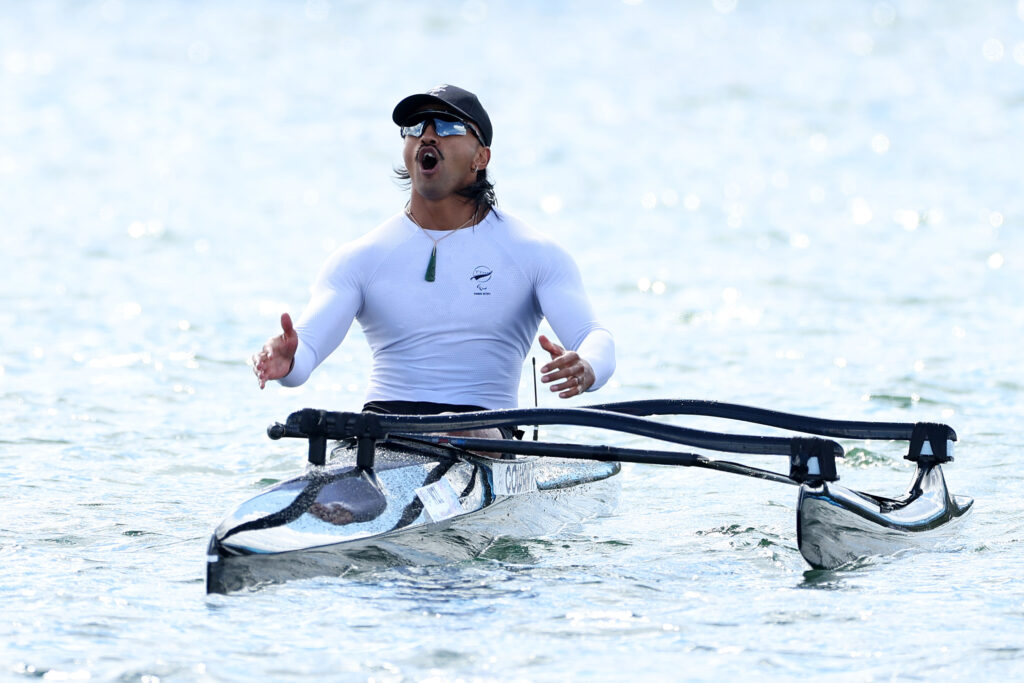 Para canoeist Peter Cowan celebrates his bronze medal in the va'a boat in the Men's 200m VL3 race at the Paris 2024 Paralympic Games.