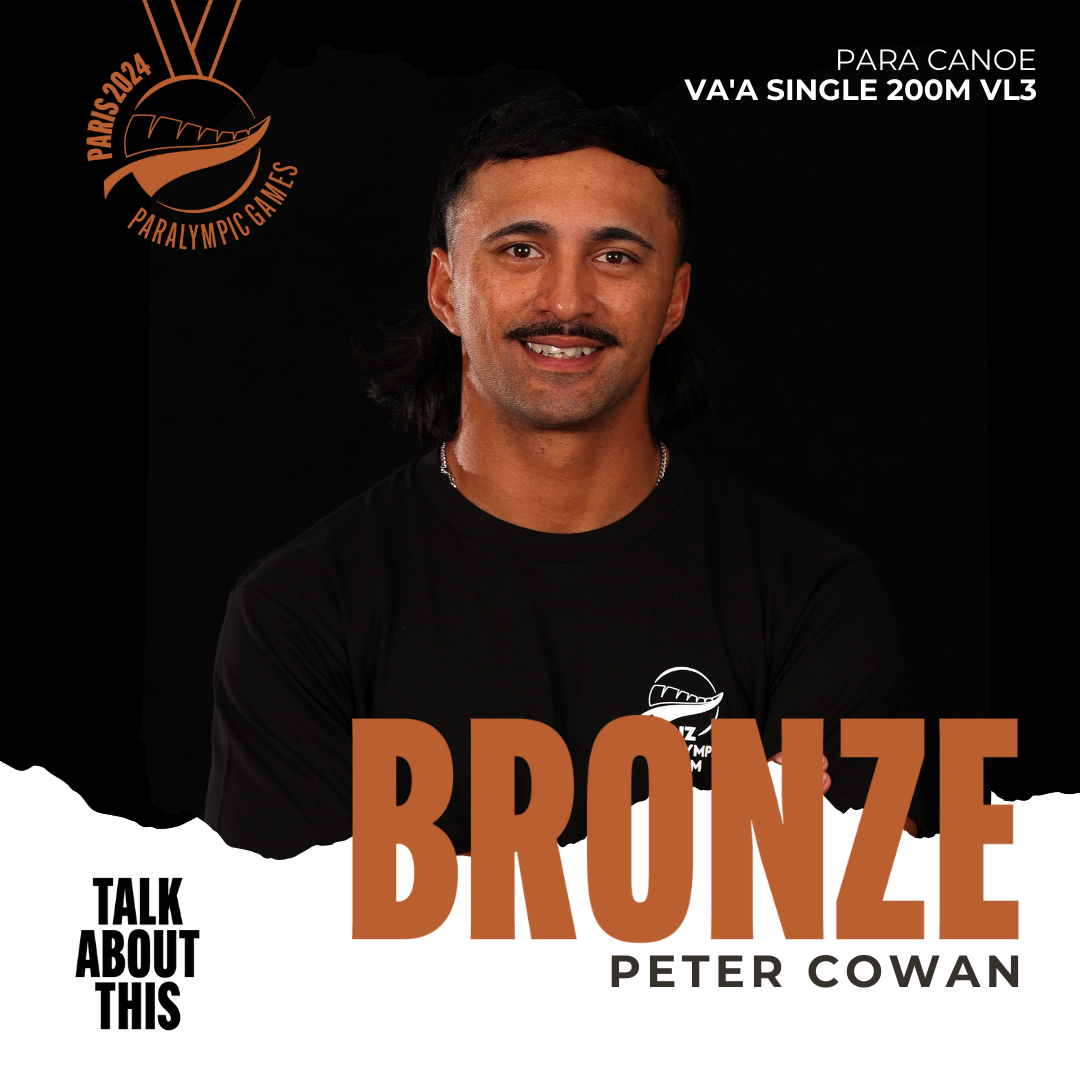 Portrait of Peter Cowan on a black background. A banner beneath reads “BRONZE for Peter Cowan 200m KL3”