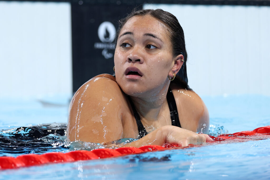 Tupou Neiufi in the swimming lane at the end of her Women's 50m Freestyle S8 heat.