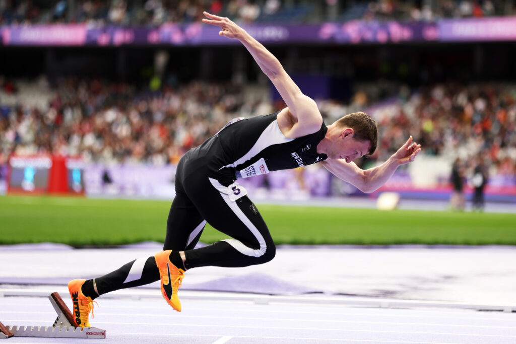 William Stedman launches off the starting blocks in the Men's Men’s 400m T36 at the Paris 2024 Paralympic Games.