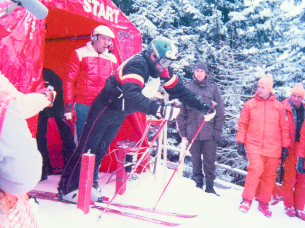 Chris Orr launches off the start line at the 1984 Innsbruck Paralympic Winter Games.