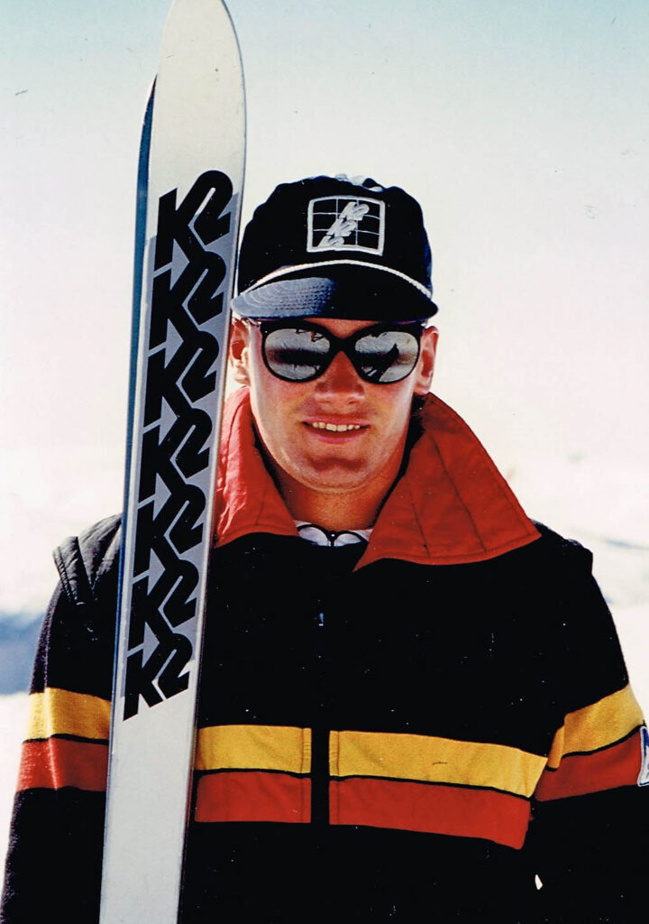 Mark Edwards poses with his skis at the 1984 Innsbruck Winter Paralympic Games.