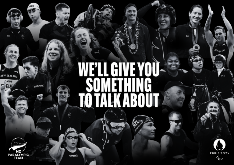 A black and white collage of all competing members of the NZ Paralympic Team at the Paris 2024 Paralympic Games. Centre text reads "We'll Give You Something To Talk About."