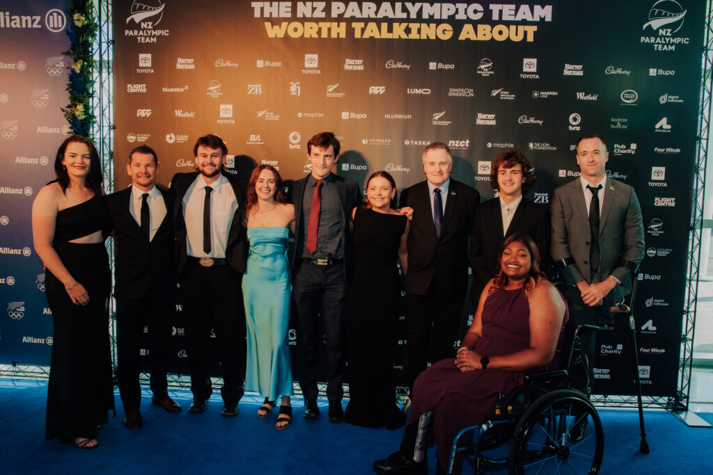 Members of the NZ Paralympic Team - Holly Robinson, Wojtek Czyz, Devon Briggs, Anna Grimaldi, Will Stedman, Lili-Fox Mason, Greg Reid, Ben Westenberg, Scott Martlew and Neelam O'Neill - gather at the NZOC Gala event in Auckland.